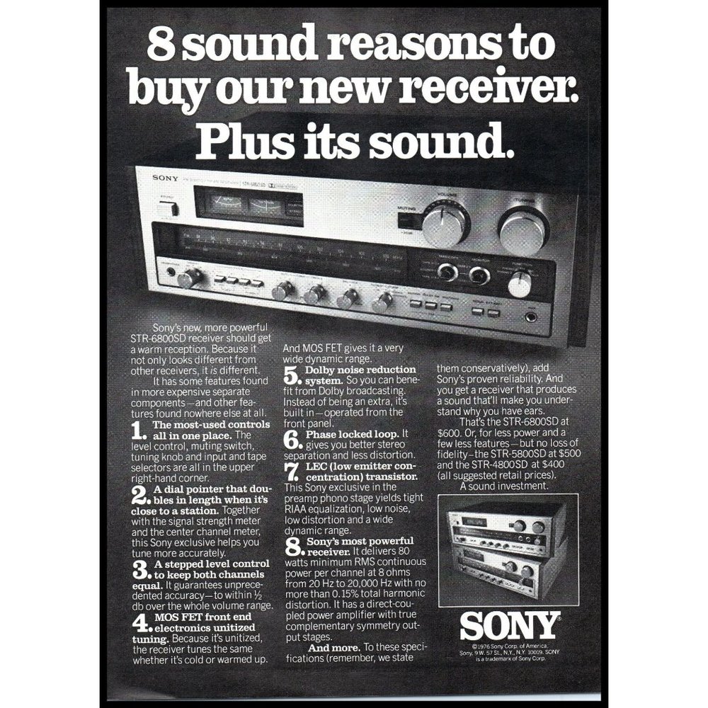 1976 Sony Stereo Receiver STR-6800SD Vintage Print Ad Audiophile Wall Art Photo